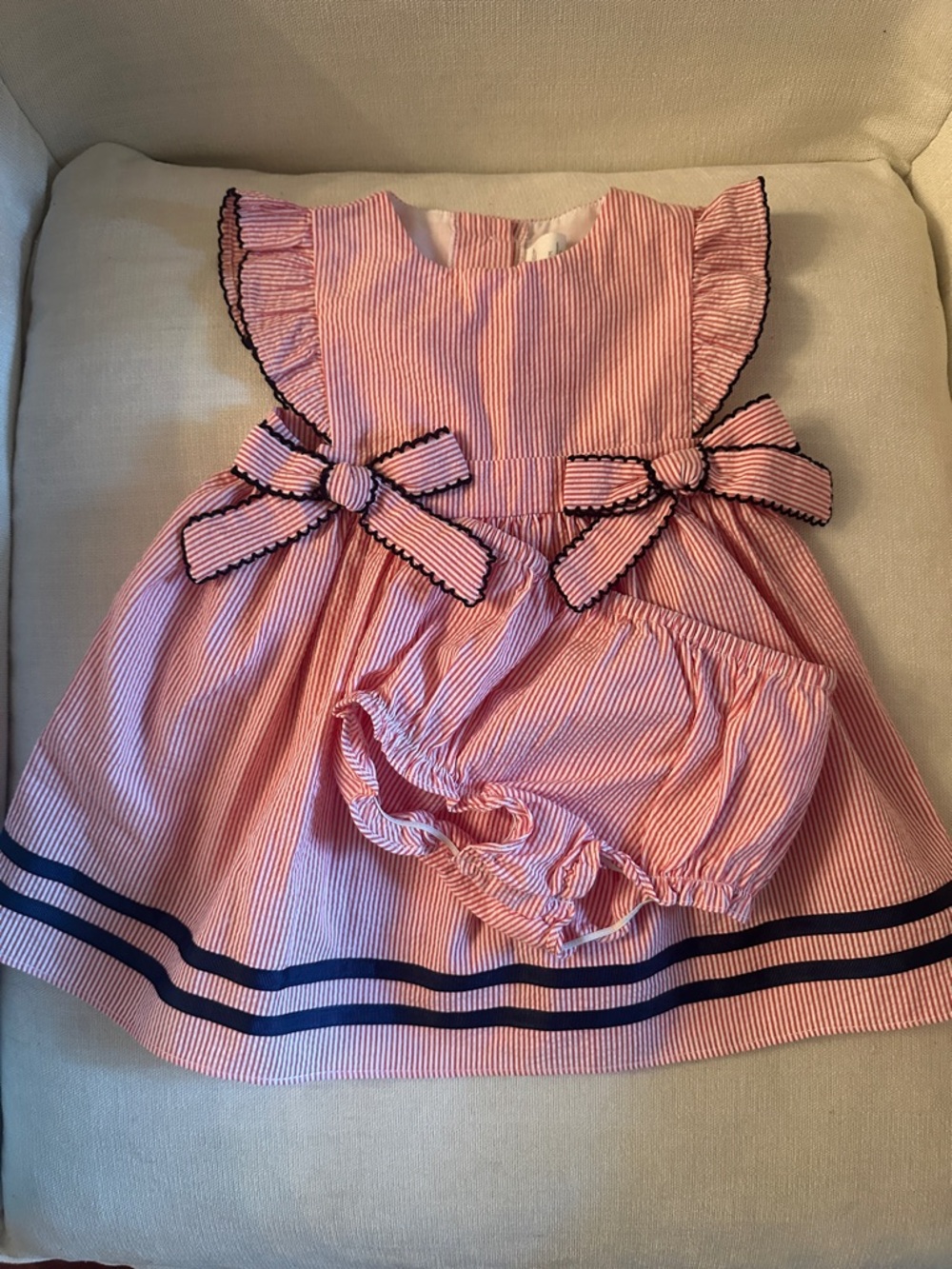 Starting Out Pink Striped Dress with Navy Trim and Bows